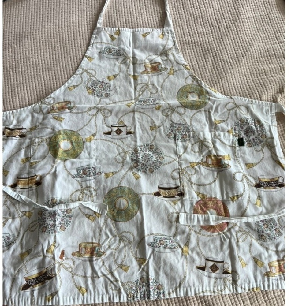 Vintage Minton England Cotton Apron‎ Teacup Teapot Floral Print White MIA005